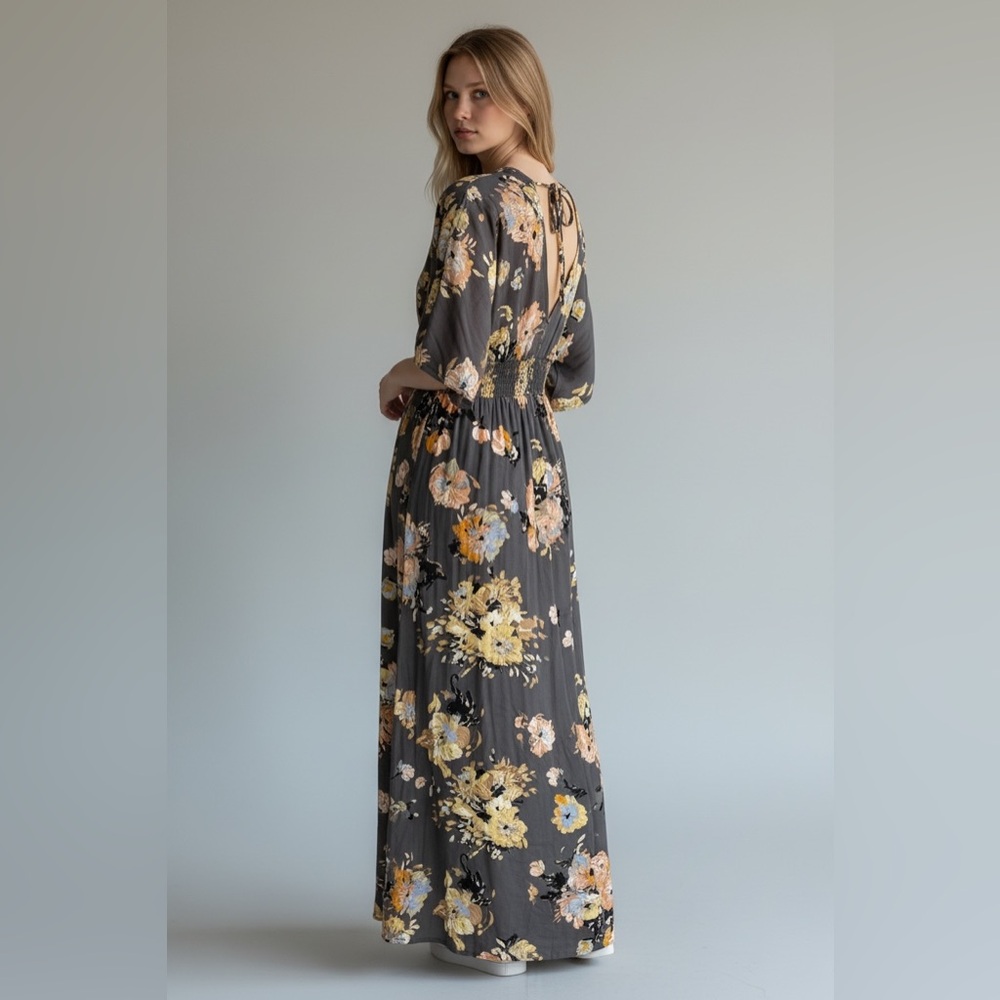 LOVESTITCH FLORAL DOUBLE V-NECK MAXI DRESS